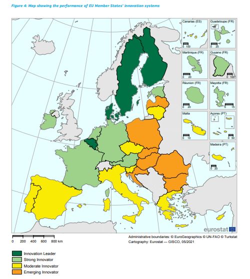 Evropský srovnávací přehled inovací: Inovační mapa Evropy. Zdroje: Eurostat, EIS 2021.